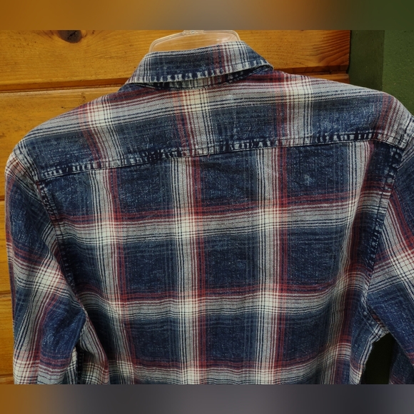 Flag & Anthem Long Sleeve Shirt Button Up Men's Small Blue Gray Berry Plaid USA - Picture 7 of 10
